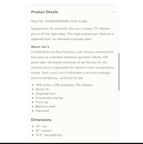 Anthropologie / Levi’s 721 High Rise Skinny Jeans 24 - Picture 6 of 12